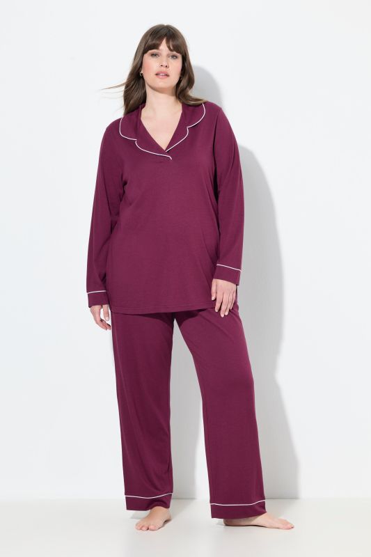 Pyjama manches longues, passepoils fantaisie, décolleté en V