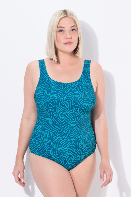 Maillot de bain sans bonnets souples, bande de soutien sous la poitrine, motif lignes courbes