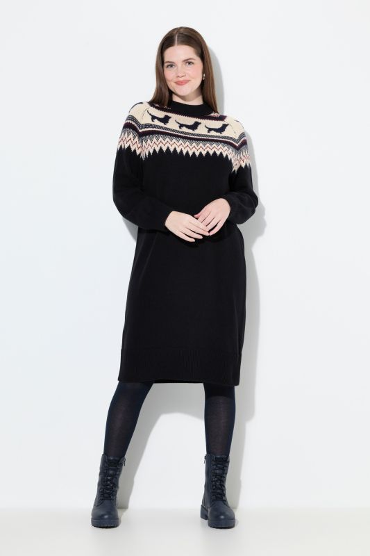 Robe en maille à motif norvégien chiens, manches longues et col montant