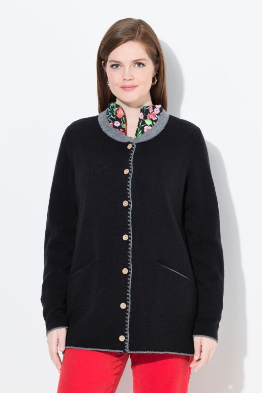 Cardigan long à col rond, broderie cerf, coupe évasée