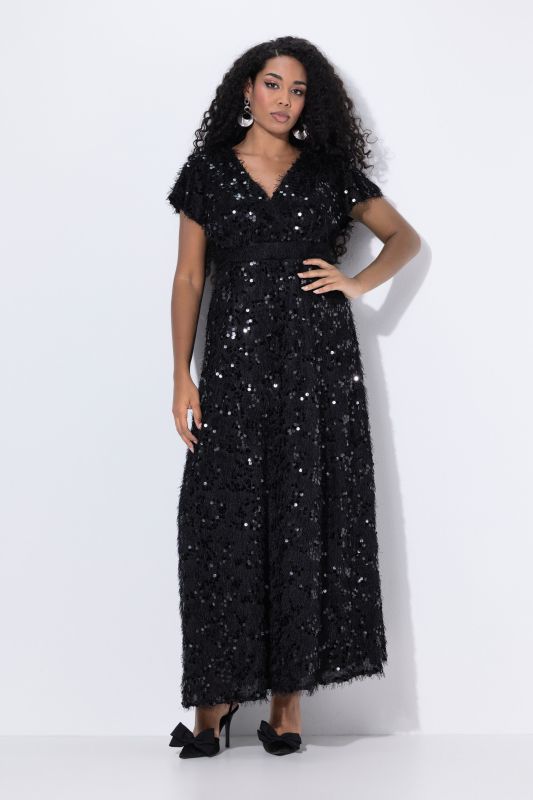 Robe de soirée avec franges et paillettes, manches courtes, décolleté en V