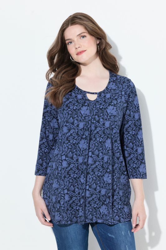 T-shirt à fleurs, décolleté rond et manches 3/4, coupe évasée