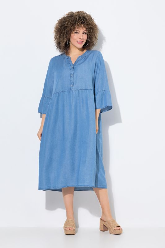 Robe en jean, col tunisien et manches 3/4 à volant, coupe évasée