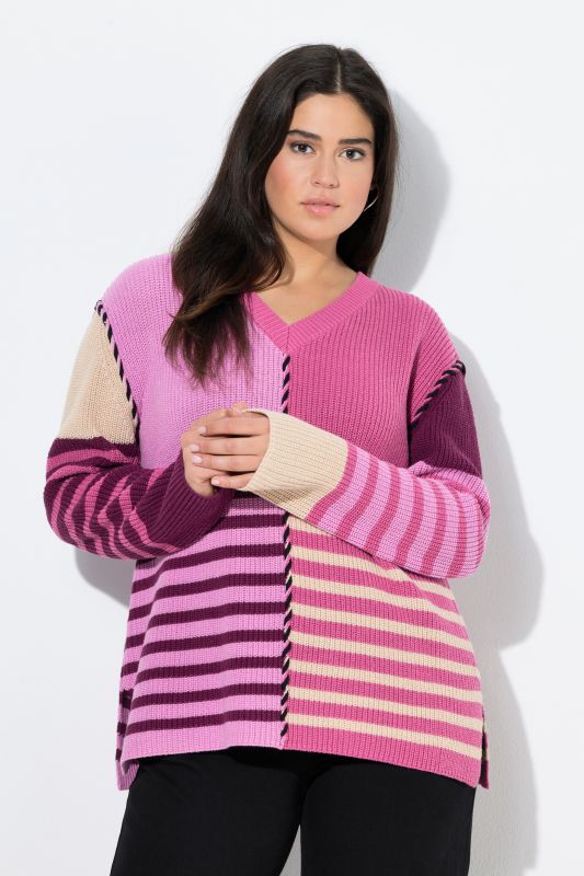 Pull col en V et manches longues, color block