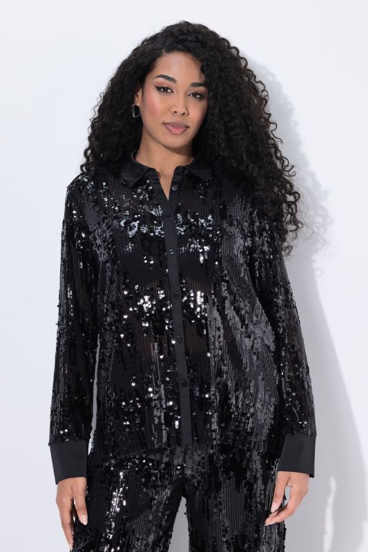 Chemise à paillettes, col chemise et manches longues