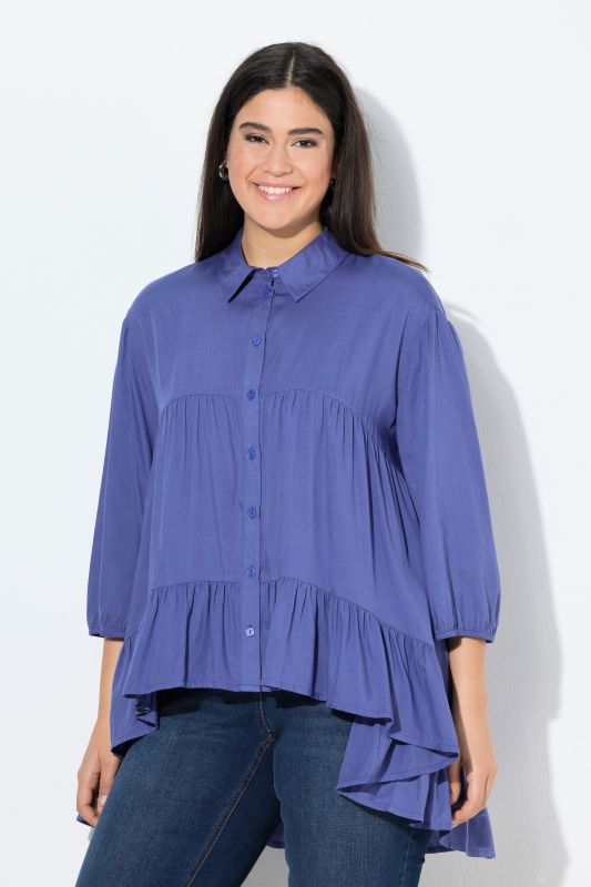 Chemisier évasé à col chemise et manches 3/4, ourlet à volants