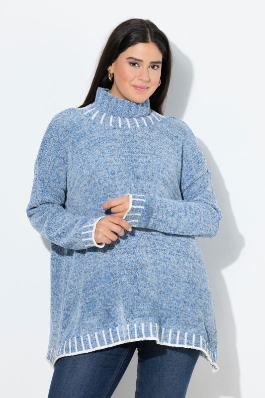 Pull poncho en maille chenille, oversized, col montant, manches longues