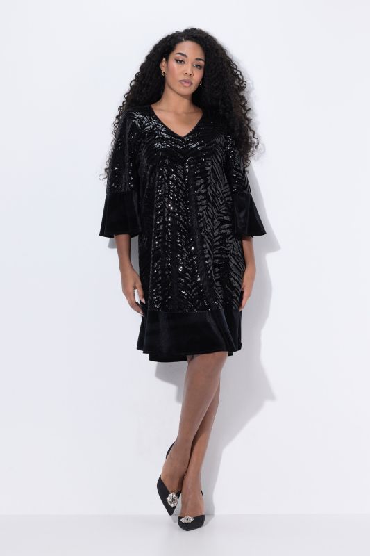Robe en velours à paillettes, ligne en A, col en V et manches 3/4