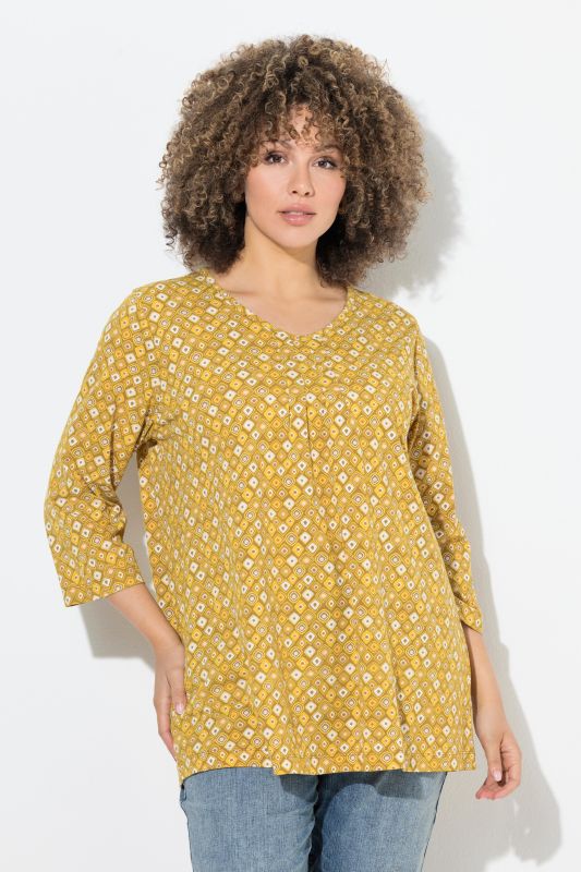 T-shirt à col en V et manches 3/4, coupe évasée et motif animal