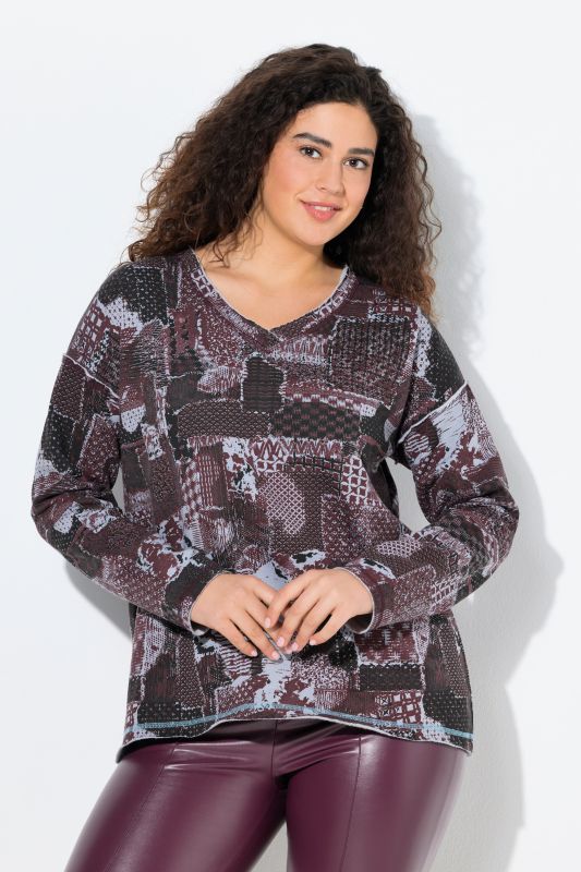 Sweat-shirt col en V et manches longues, imprimé patchwork