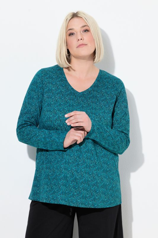 T-shirt imprimé, coupe évasée, décolleté en V et manches 3/4
