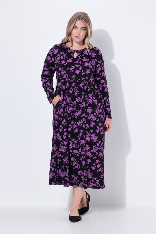 Robe maxi à fleurs, poches, décolleté rond et manches longues, coupe évasée