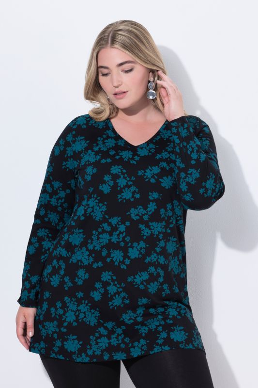 T-shirt long à fleurs, décolleté en V et manches longues, coupe évasée