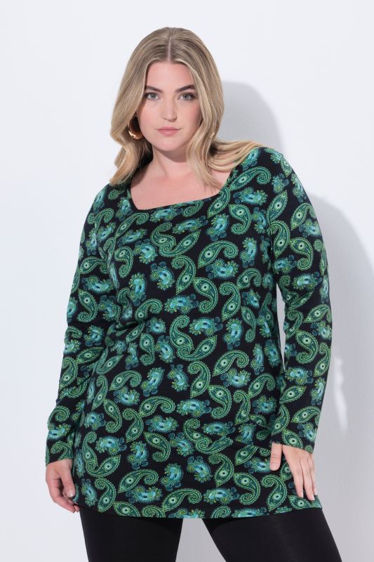 T-shirt long motif cachemire, décolleté carré et manches longues, coupe évasée