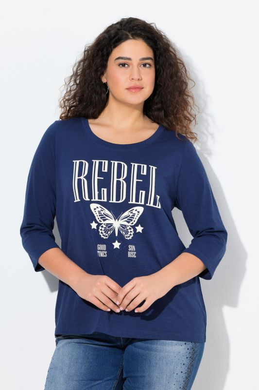 T-shirt à col rond et manches 3/4, coupe Classic, strass