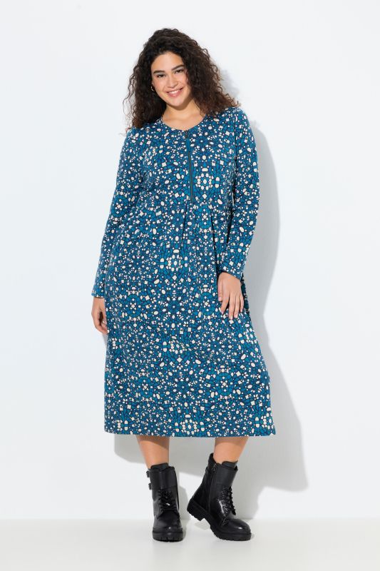 Robe midi en molleton avec fermeture zippée, col rond et manches longues, coupe évasée