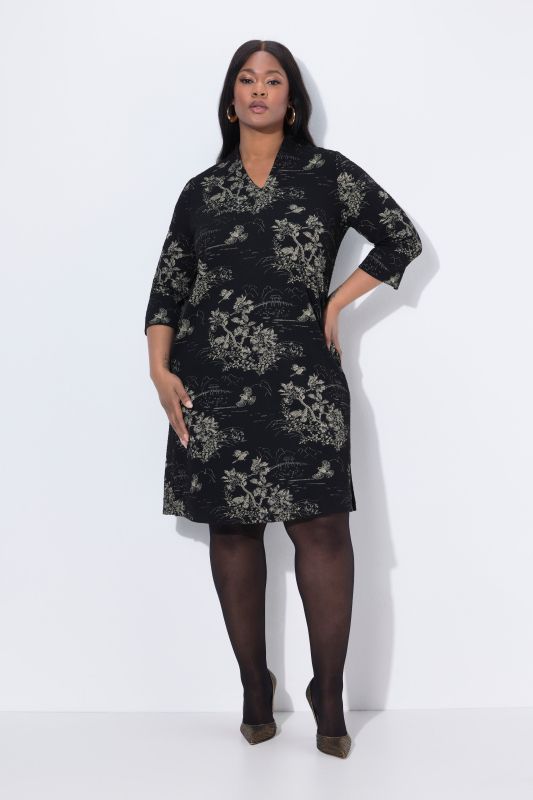 Robe jacquard évasée à col jabot et manches 3/4