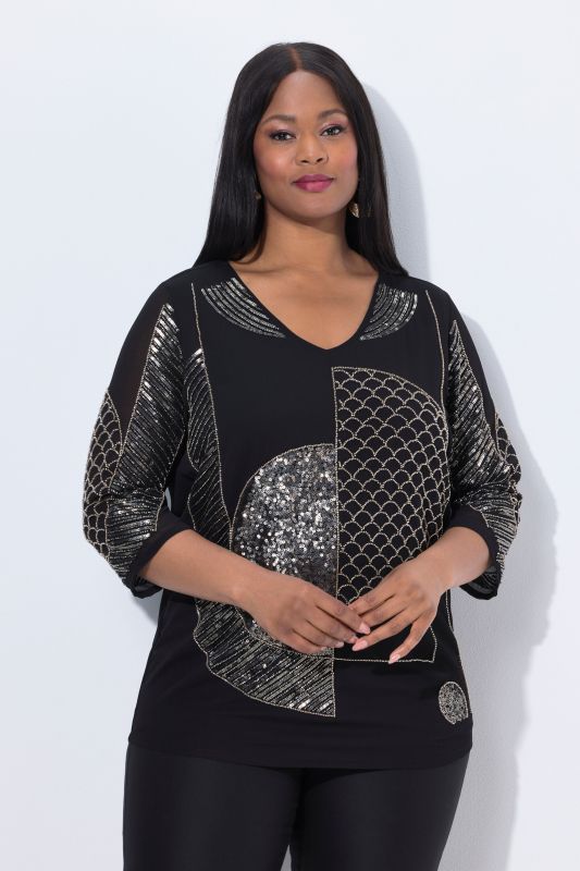 Chemisier en mousseline à col en V et manches 3/4, perles et sequins