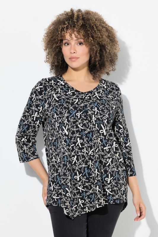 T-shirt, plis fantaisie, ligne en A, col en V, manches 3/4