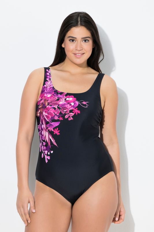 Maillot de bain sans bonnets souples. Motif à fleurs. Décolleté rond