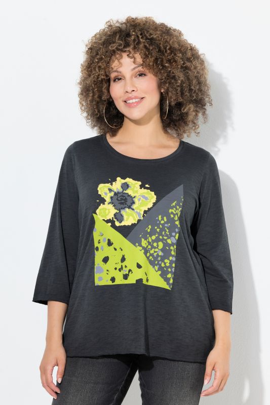 T-shirt à manches 3/4 et col rond, imprimé patchwork et bords roulottés