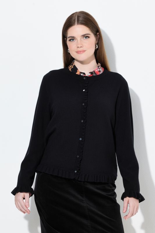 Cardigan à col rond et manches longues, patte de boutonnage et ruché