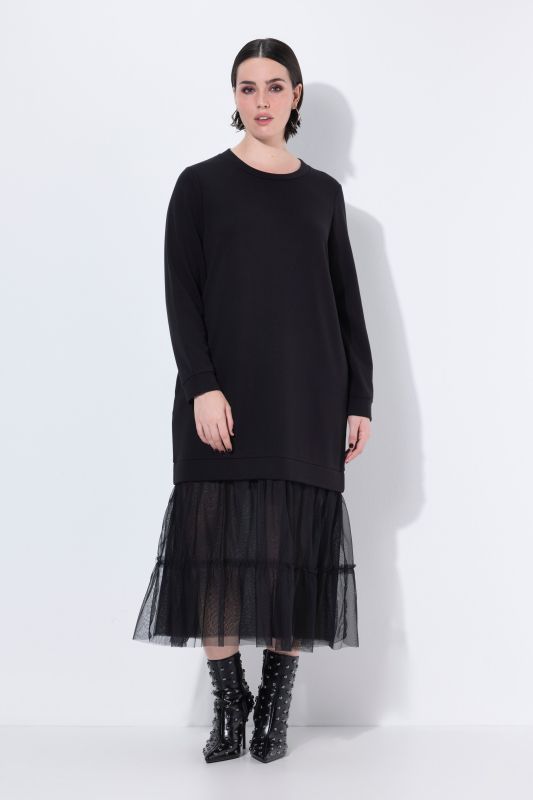 Robe maxi en molleton à manches longues et col rond, volant en tulle