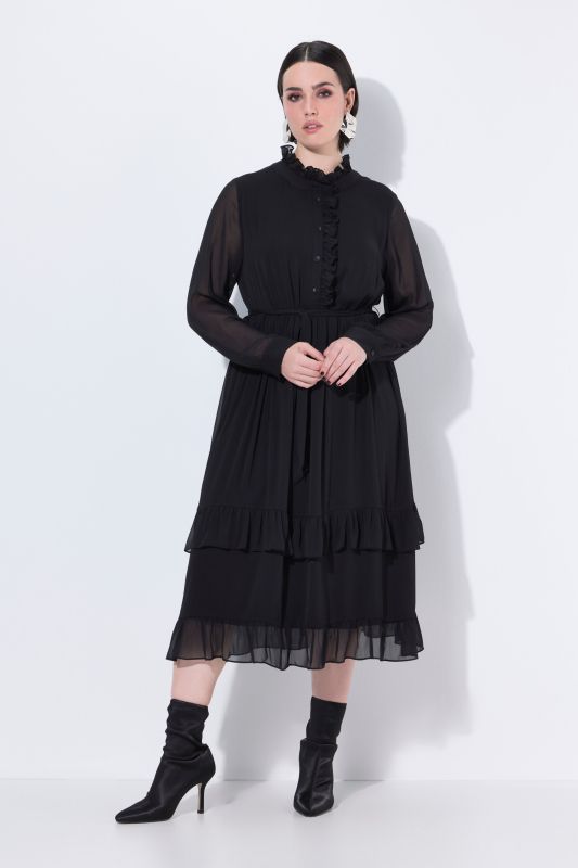 Robe midi coupe trapèze, col montant, ruchés et manches longues