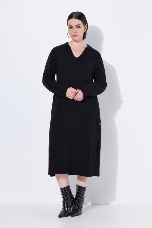 Robe midi en maille à col chemise, décolleté en V et manches longues