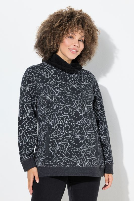 Sweat-shirt imprimé, col montant en polaire bouclée et manches longues