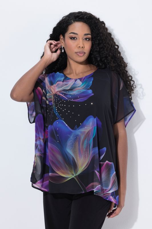 Blouse doublée en mousseline, décolleté rond et manches courtes