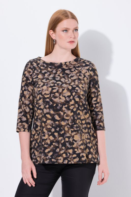 T-shirt évasé en coton Pima, à col rond et manches 3/4, pierres fantaisie