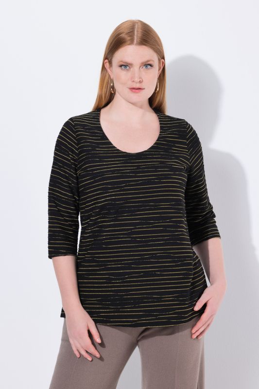 T-shirt à motif ondulé brillant, col rond et manches 3/4