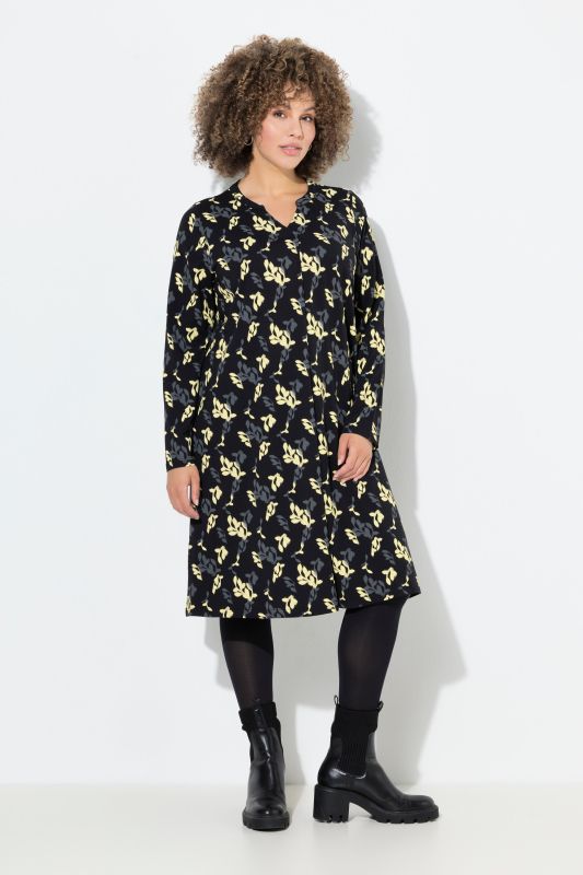 Robe en jersey à motif floral, col tunisien et manches longues, coupe évasée