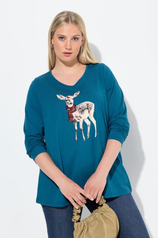 T-shirt à motif faon et paillettes, col V et manches longues, coupe évasée