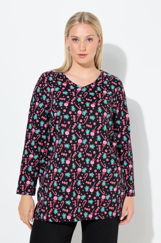 T-shirt motif sucres d'orge, manches longues et col V, coupe évasée