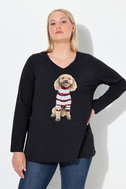 T-shirt à motif chien et paillettes, col V et manches longues, coupe évasée