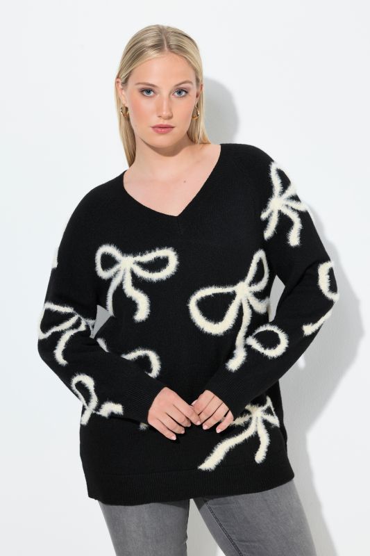 Pull à manches longues et encolure en V, avec nœud à effet pailleté