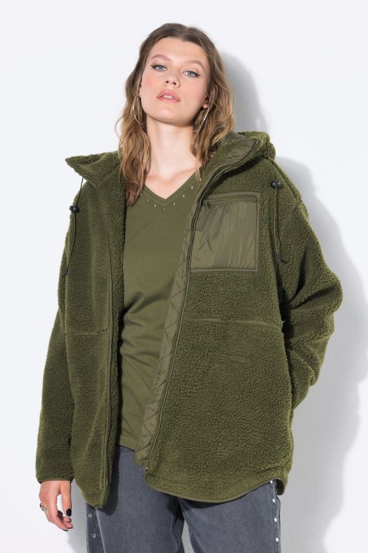 Veste en polaire bouclée, oversized, capuche, manches longues