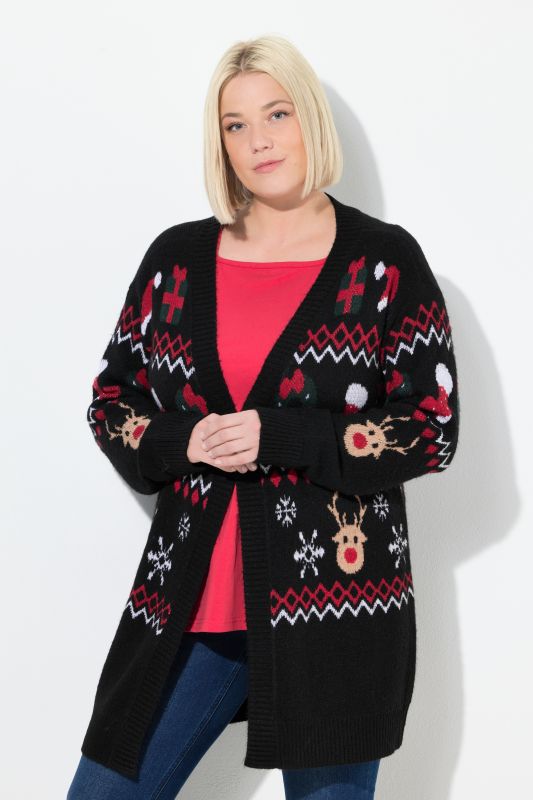 Long cardigan à encolure en V et manches longues, motif de Noël