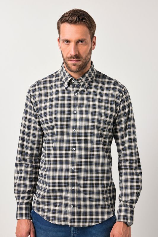 Chemise à carreaux JP 1880, manches longues et col à pointes boutonnée, coupe Modern Fit - jusqu'au 8 XL