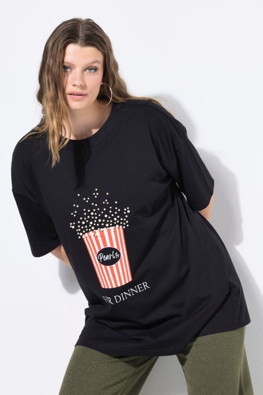 T-shirt oversize avec imprimé pop-corn et perles fantaisie