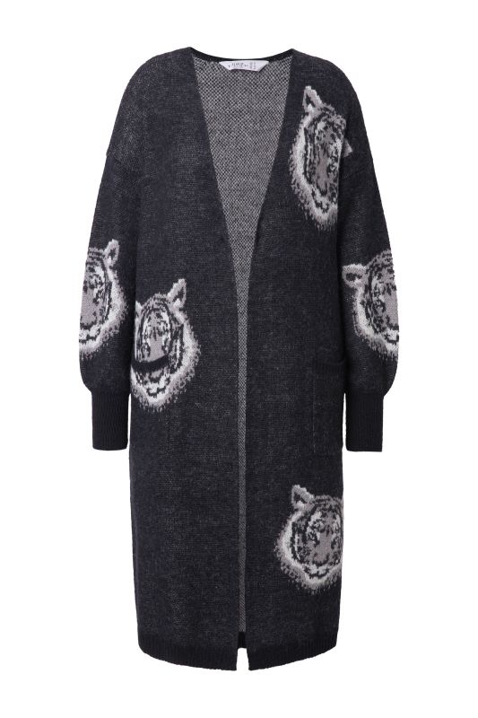 Cardigan long, motif tête de tigre, coupe longue et ouverte
