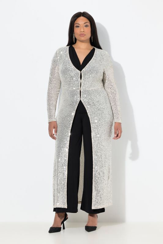 Veste longue à paillettes, encolure en V et manches longues
