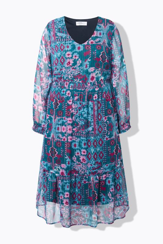 Robe midi doublée, imprimé floral et volant à la base, coupe évasée