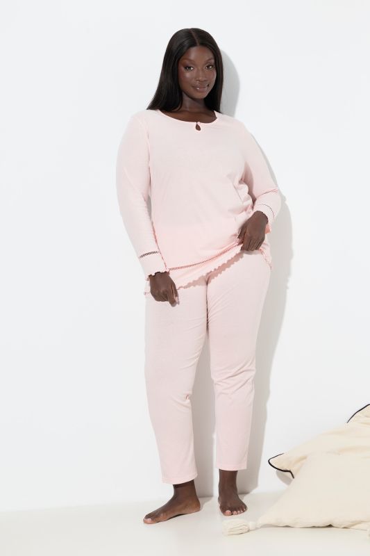 Pyjama à col rond et manches longues, ourlet creux et bord ondulé