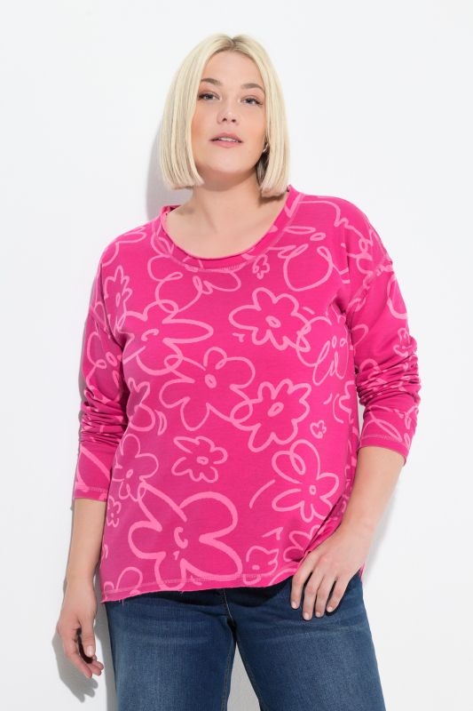 Sweat-shirt motif à fleurs et bords roulottés, manches longues, col rond