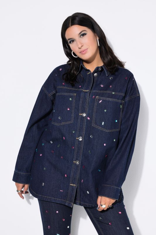 Chemisier en jean oversize, petites pierres scintillantes