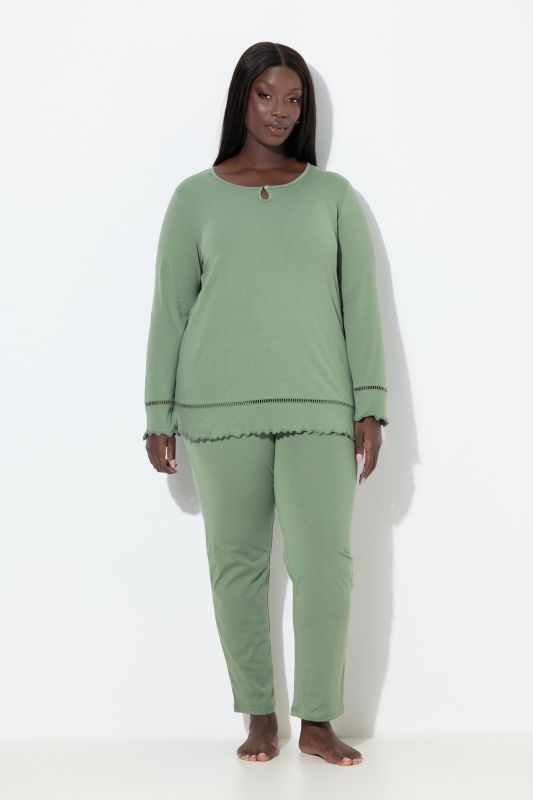 Pyjama à col rond et manches longues, ourlet creux et bord ondulé