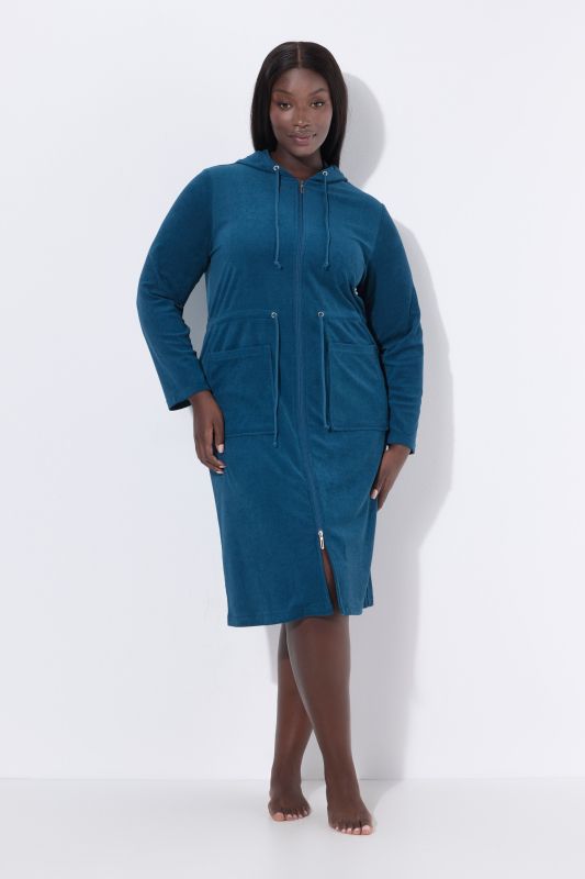 Peignoir à capuche en tissu éponge, fermeture à glissière à double sens